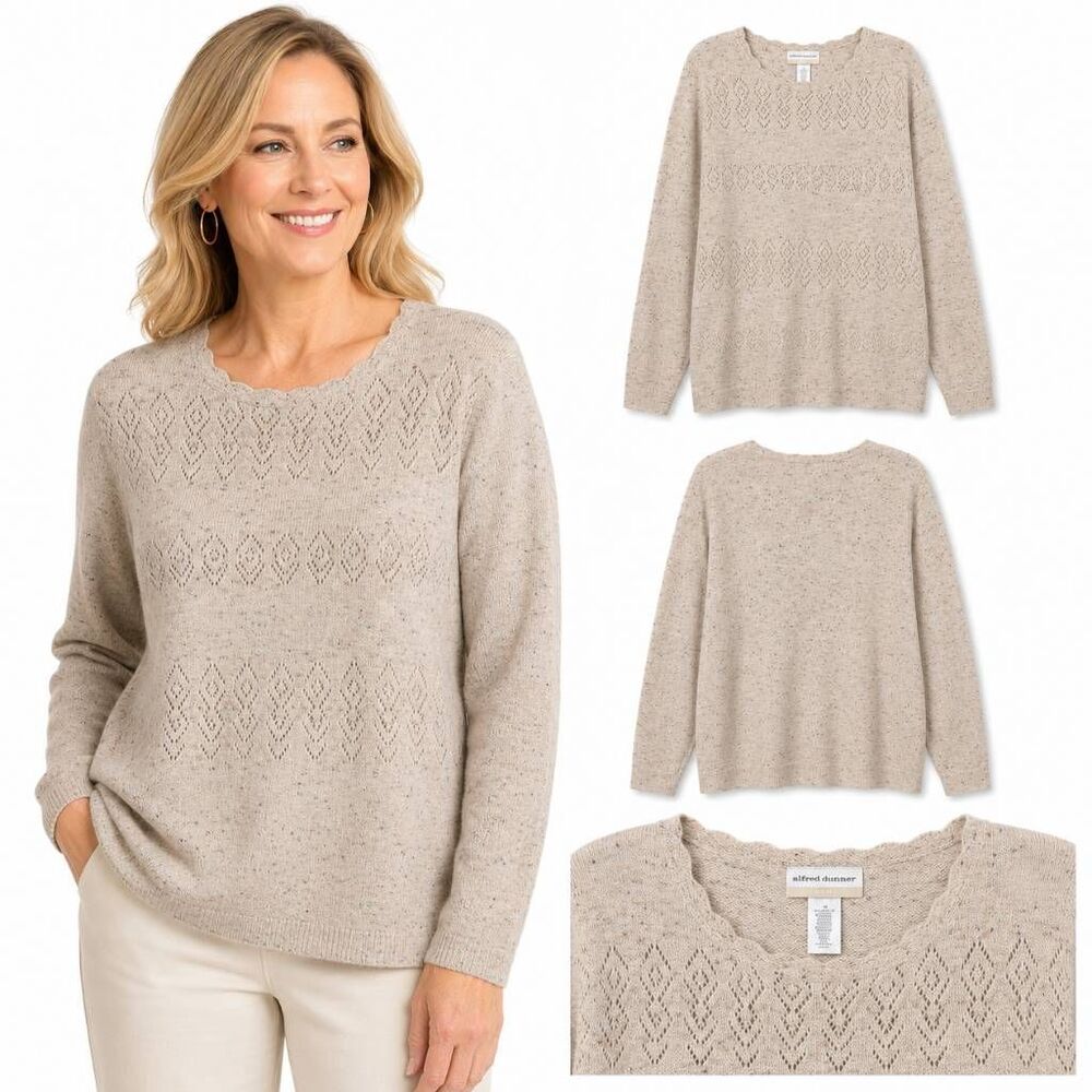 Alfred Dunner Beige Diamond Knit Pullover Sweater Size M